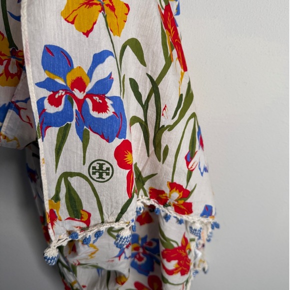 Tory Burch Women's White Red Yellow Silk Blend Floral Embellished Tassel Scarf - Picture 4 of 5